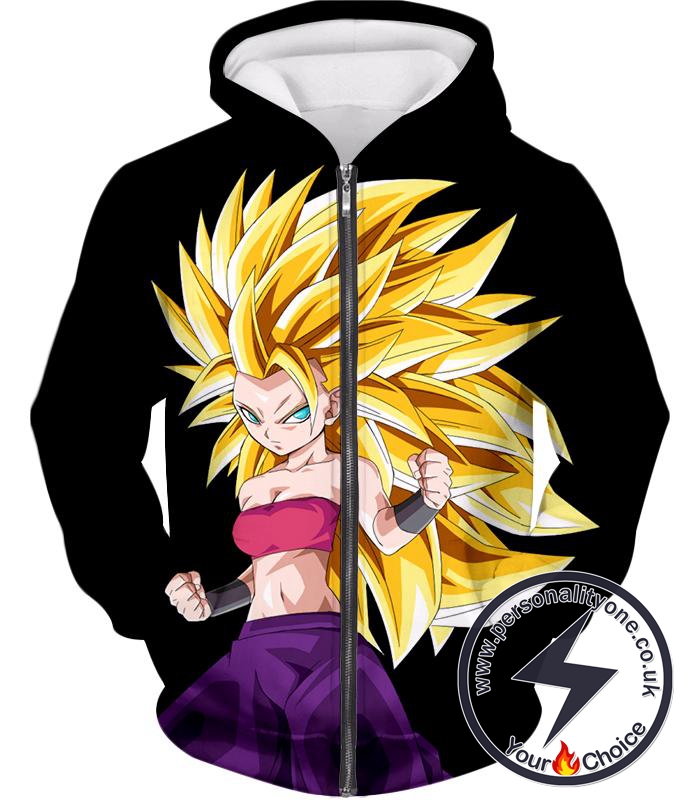 Dragon Ball Super Cool Female Saiyan Caulifla Super Saiyan 3 Awesome Promo Black Zip Up Hoodie